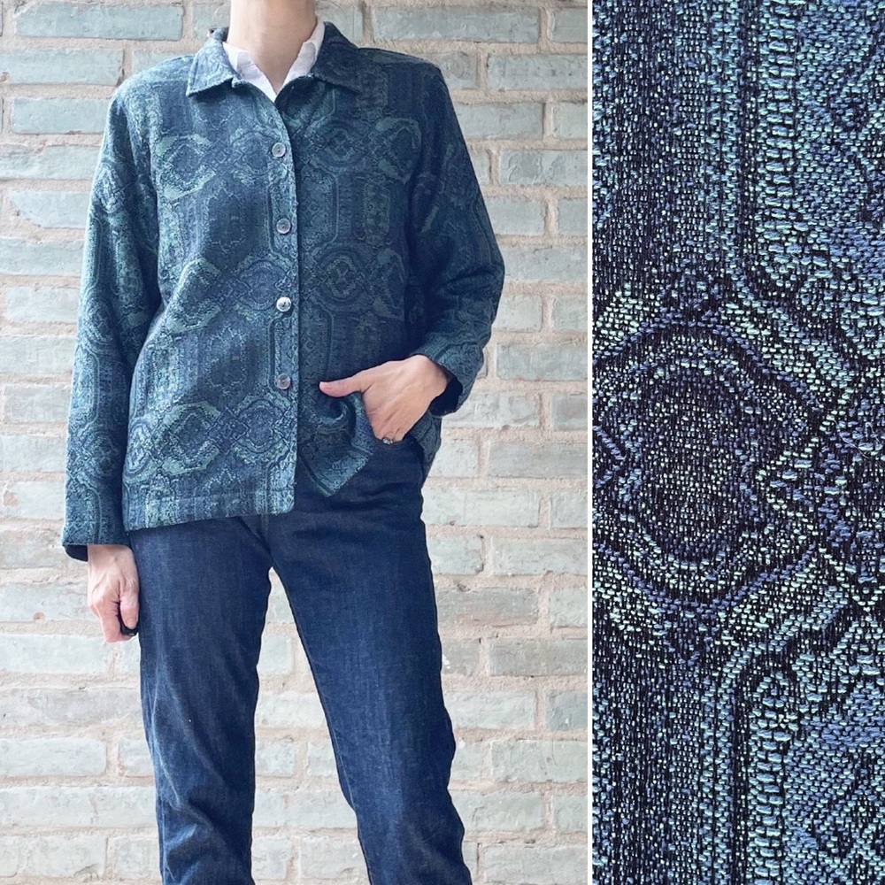 Vintage Tapestry Shirt Jacket Teal Green Brocade Button Up Top Shacket Thick